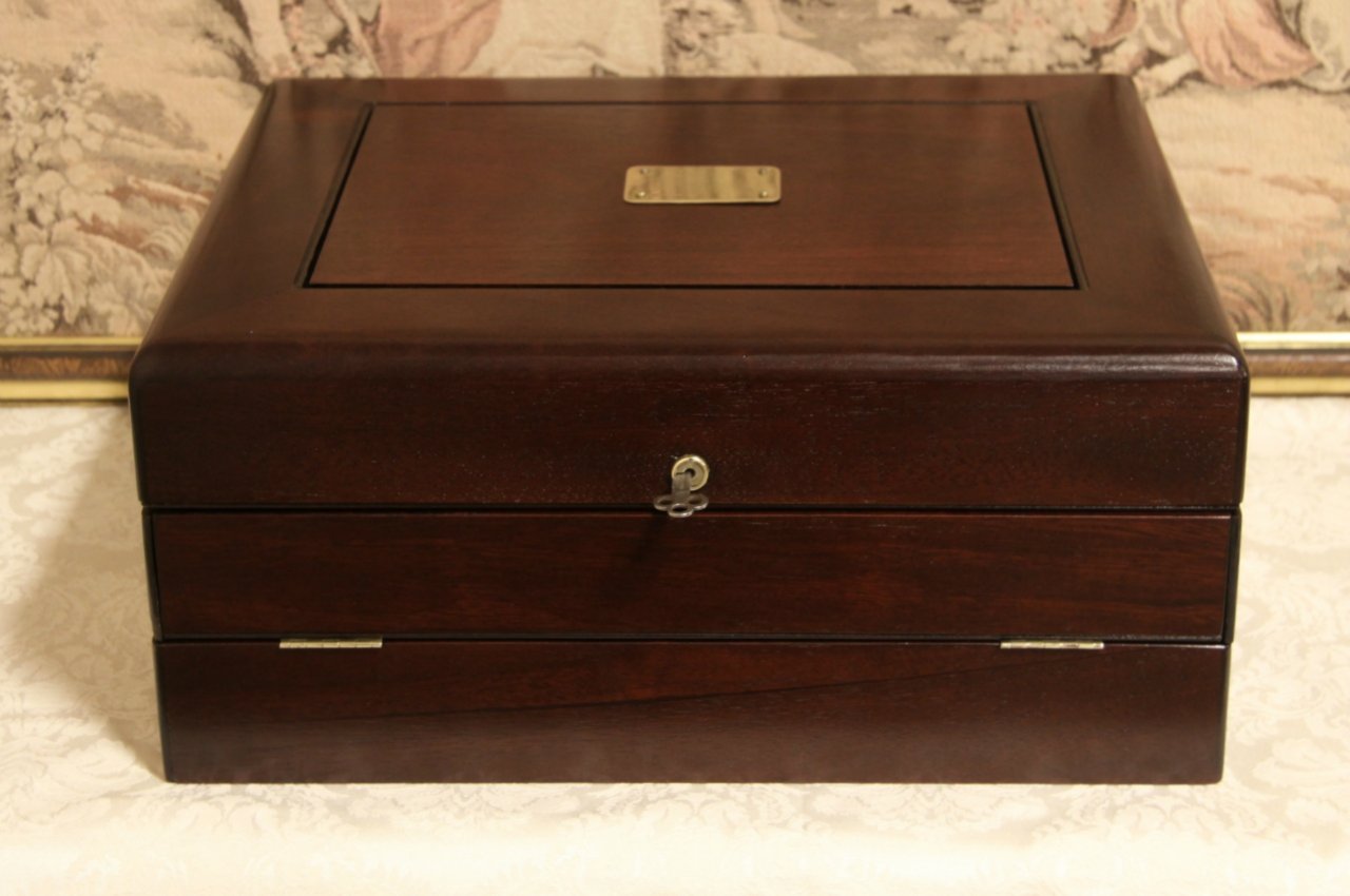 Silver or Jewelry 1910 Antique Mahogany, Brass & Velvet Chest