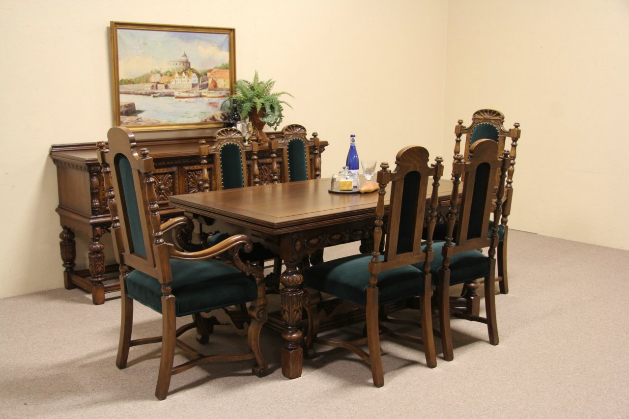 English Tudor 1925 Carved Oak Dining Set, Table, 6 Chairs, Sideboard