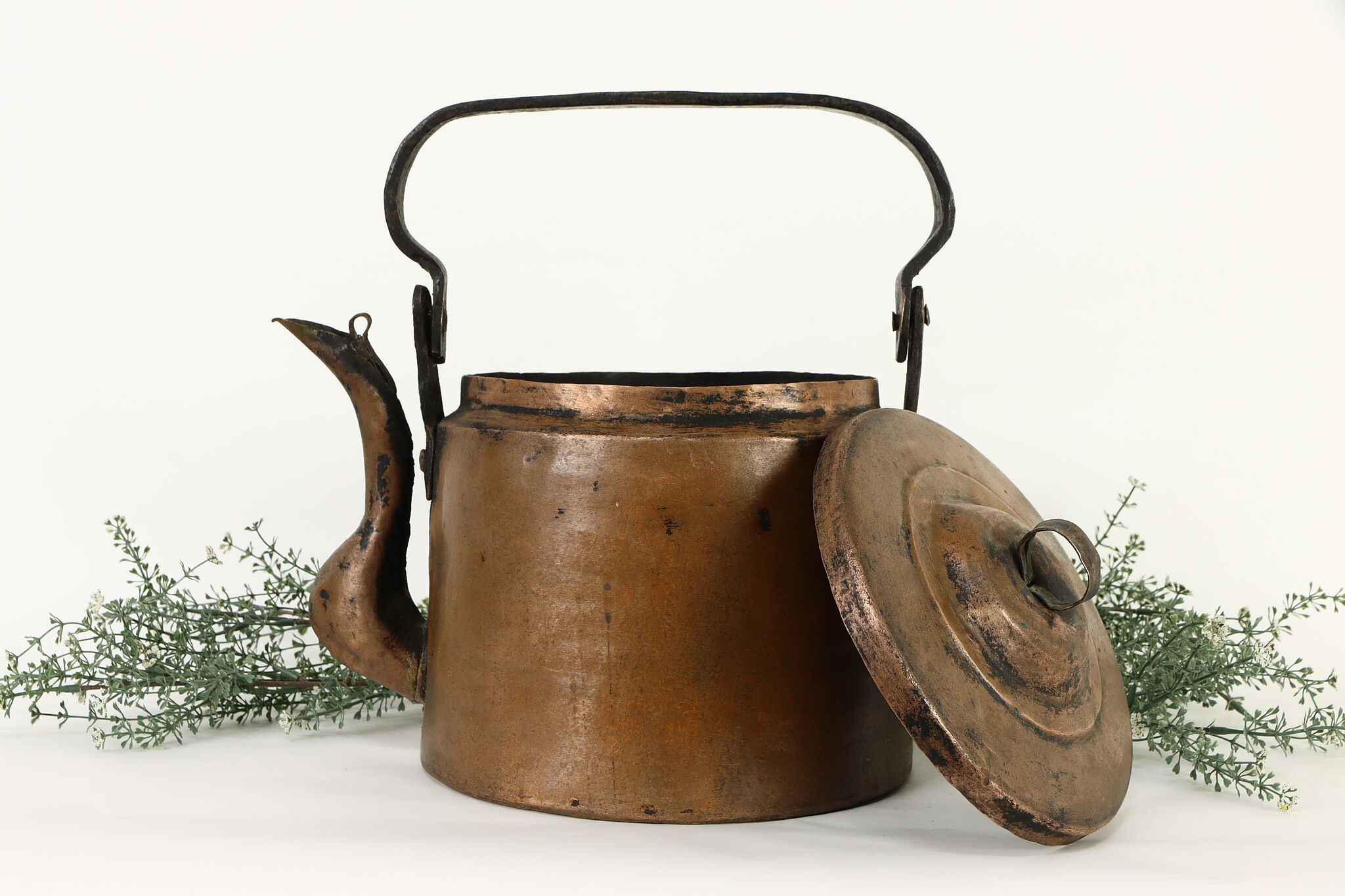 Antique Large Hand Hammered Copper Cauldron with Bronze Handles