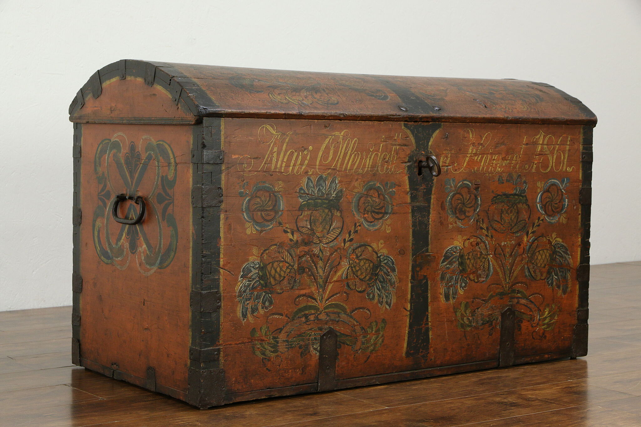 Swedish Immigrant Pine Trunk Hand Painted & Signed 1861, Working Lock