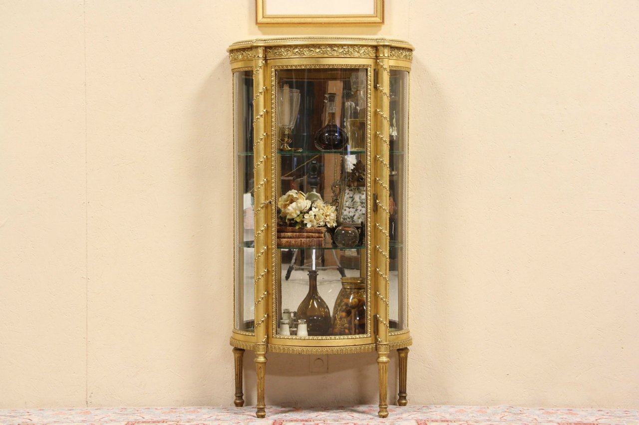 French Gold Leaf Curved Glass Vitrine Or Curio Display Cabinet 1506