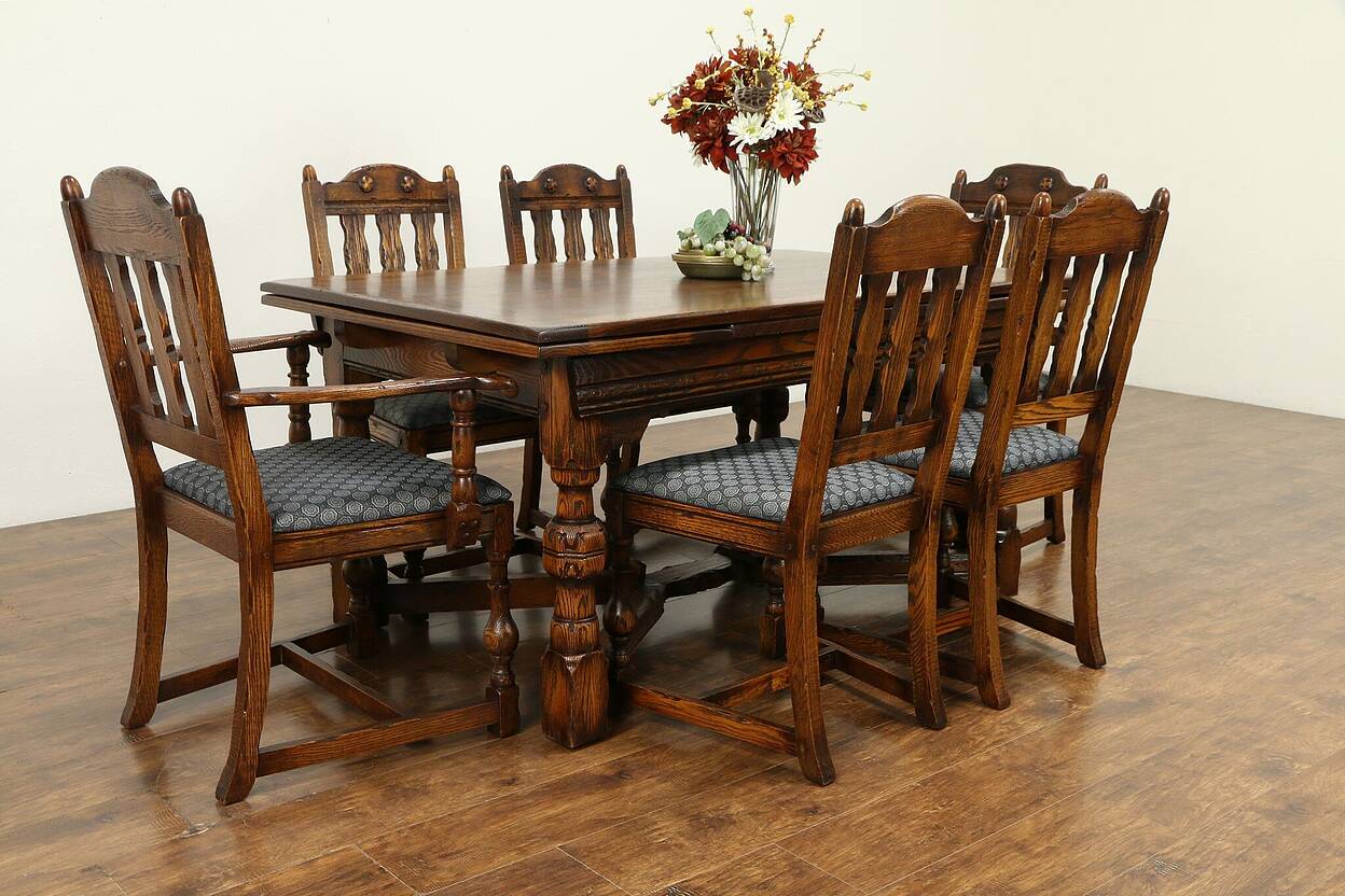 Oak English Tudor Antique 1920 Dining Set, Table, 2 Leaves, 6 Chairs