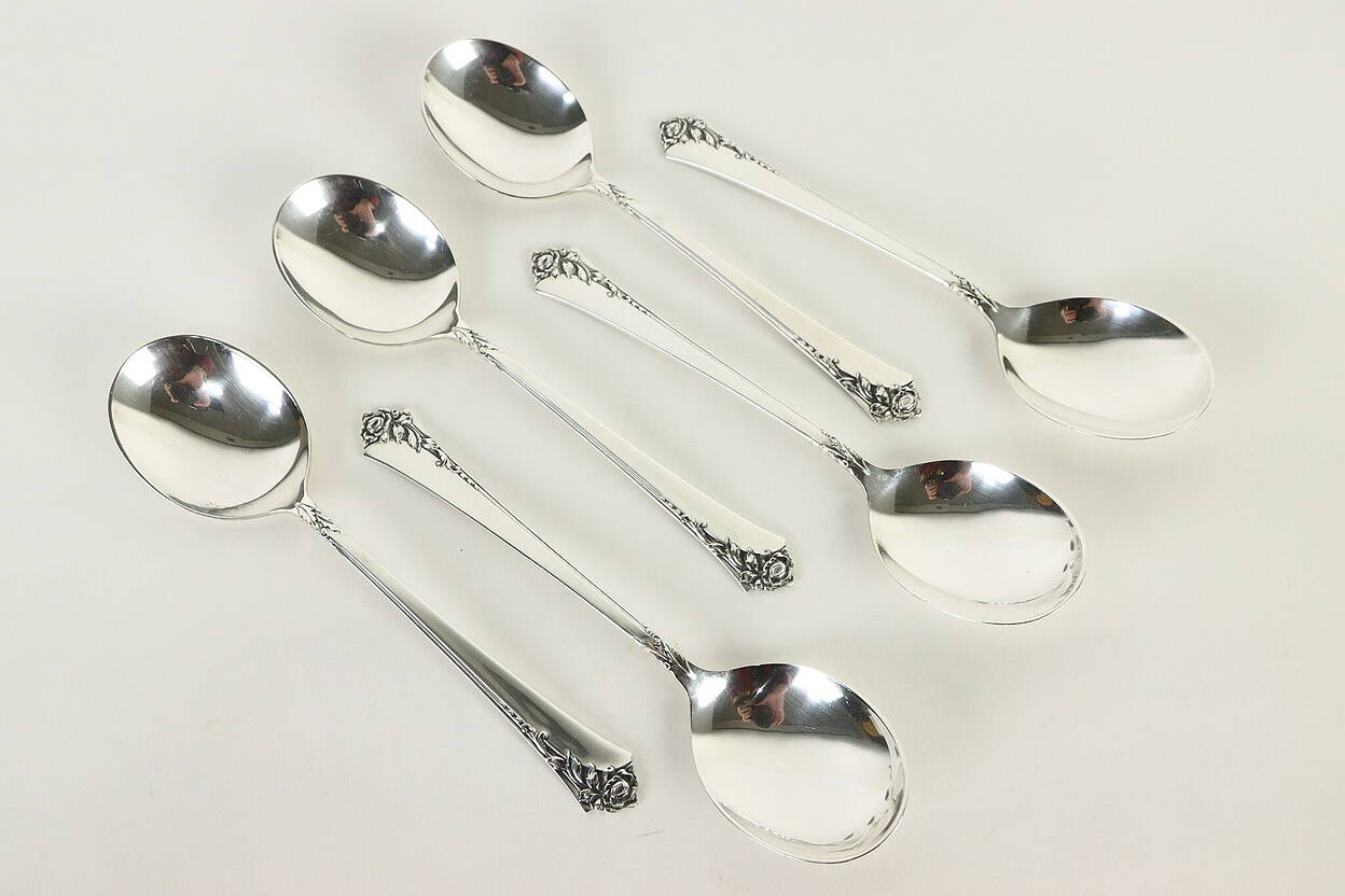 Sterling Silver Heirloom Damask Rose Set of 6 Soup Spoons 6.5