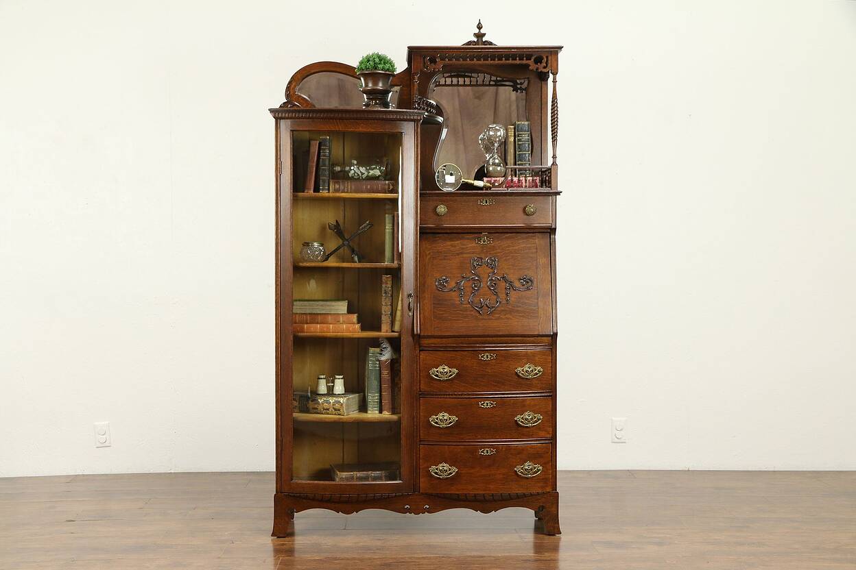 Victorian Antique Oak Side by Side Secretary Desk & Bookcase