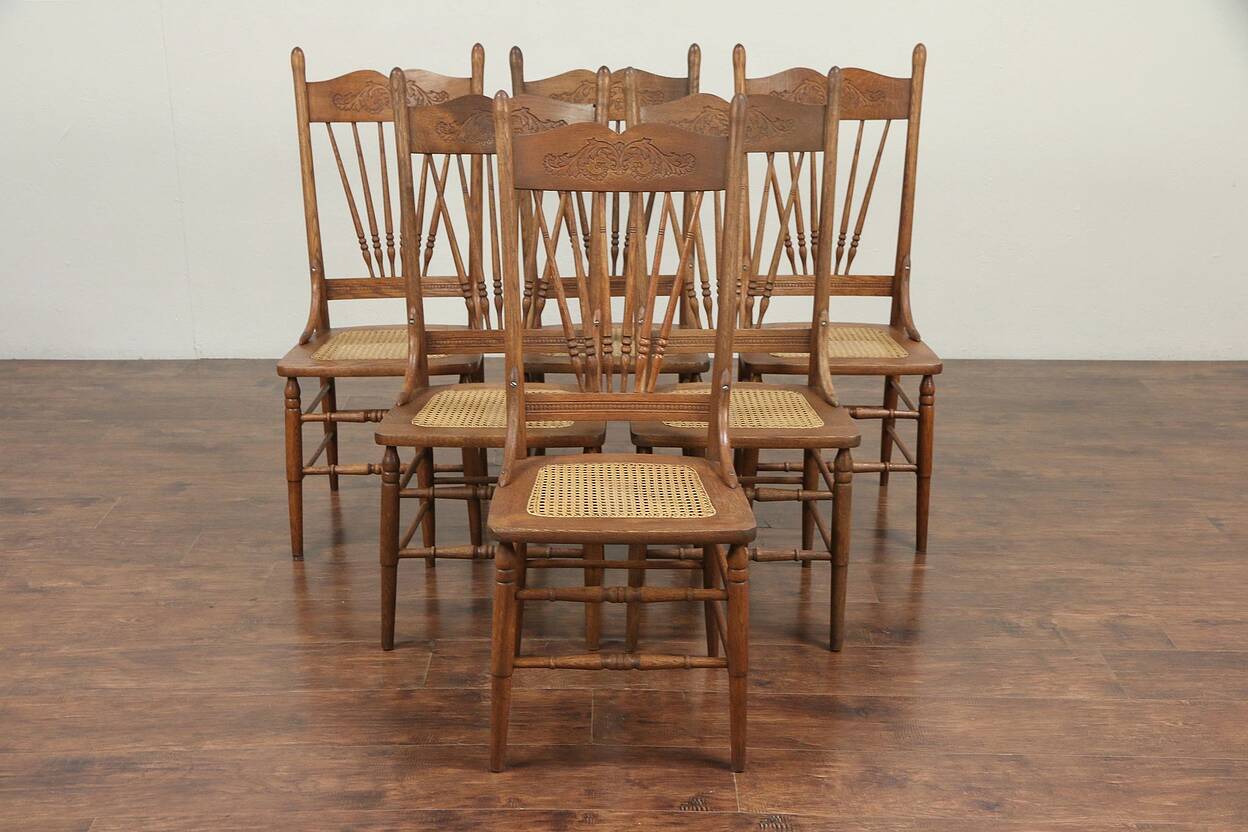 Set of 6 Victorian Antique 1900 Oak Pressback Carved Dining Chairs