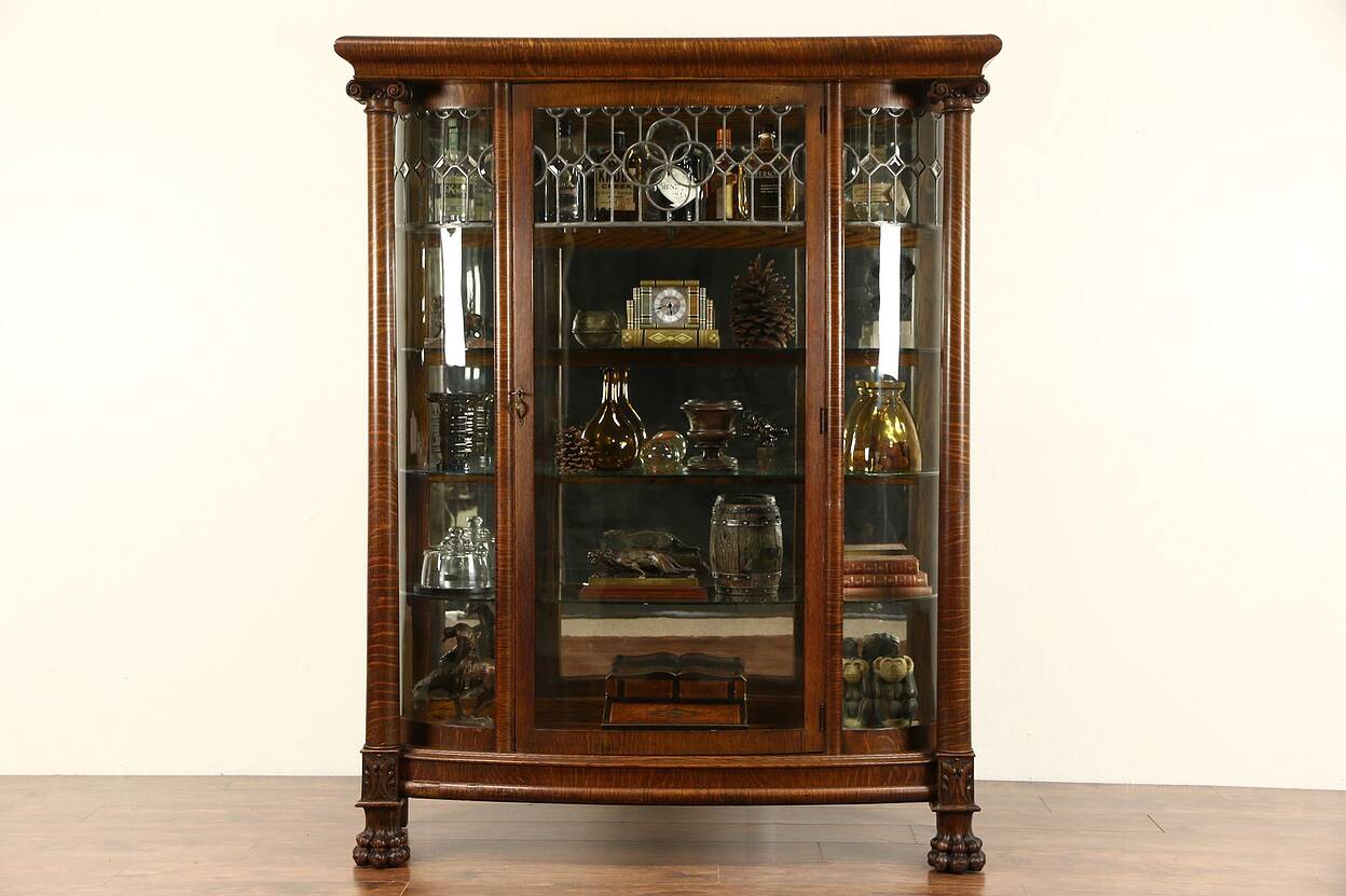 Curved Glass 1900 Antique Oak China Cabinet, Curio Display, Leaded ...