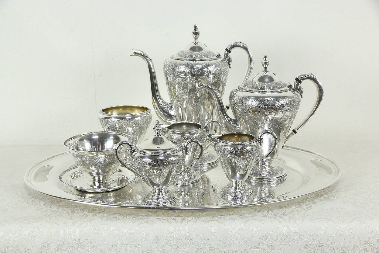 Wilcox International Silverplate Paisley Antique 8 Pc Coffee & Tea Set