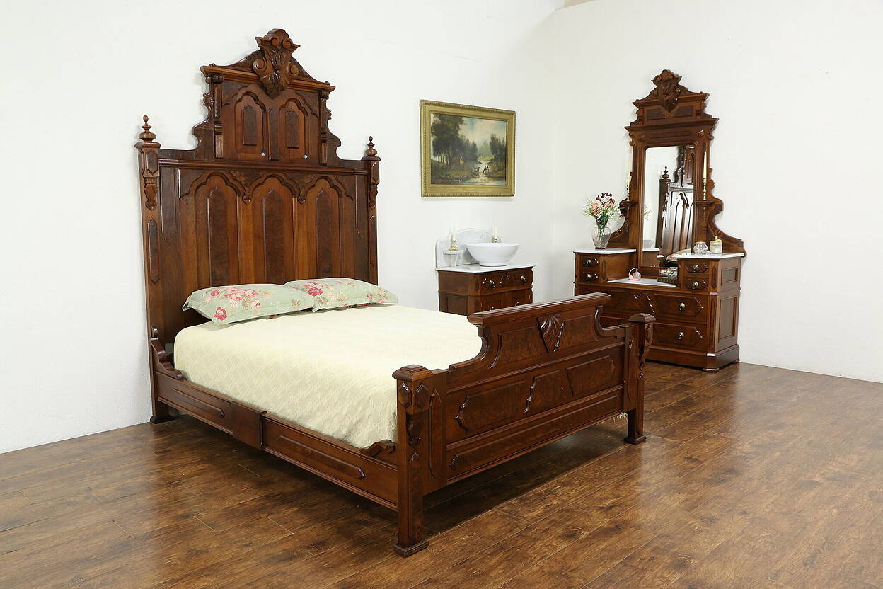 Victorian Antique Walnut Bedroom Set, Queen Size Bed, Marble Tops