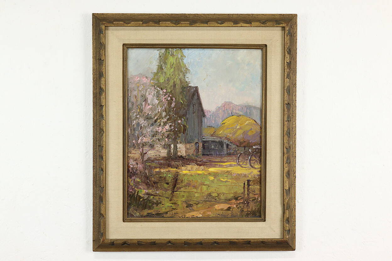 Farmyard & Mountain Scene Original Vintage Oil Painting, Ruby 27.5