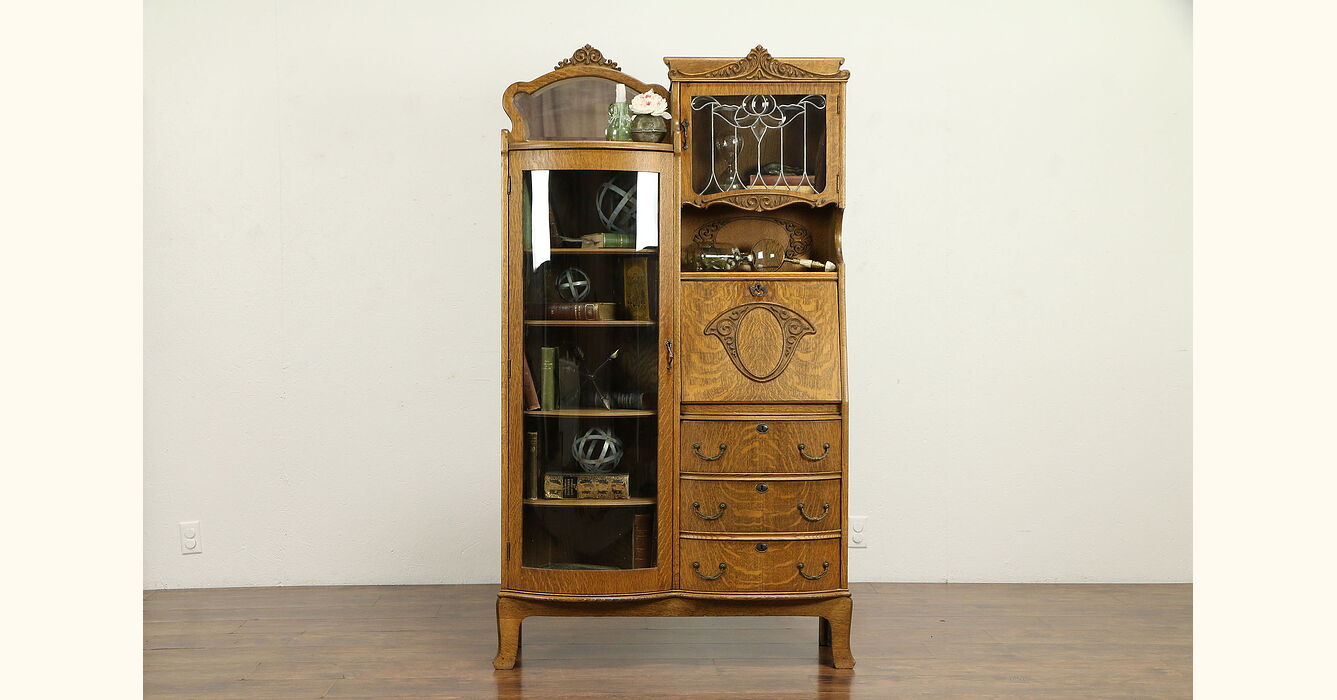 antique oak secretary desk with curved glass