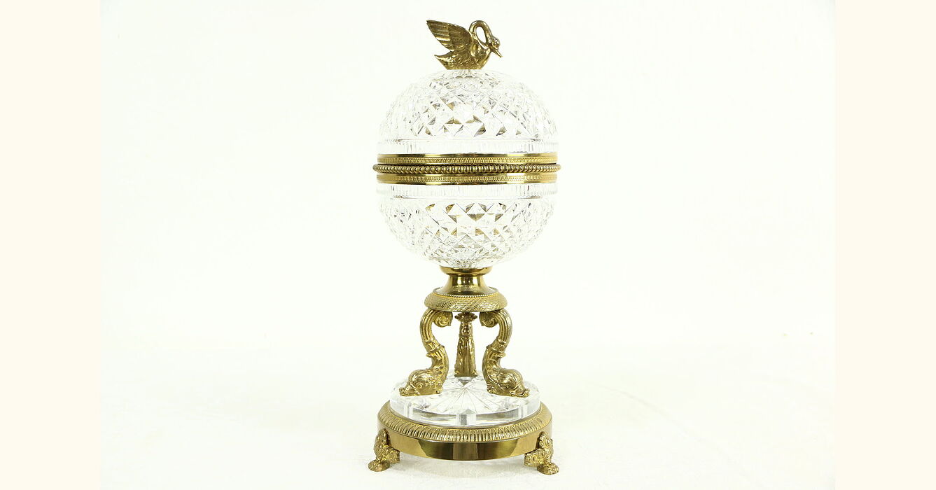 Brass & Crystal Vintage Candy Jar with Swan & Dolphins