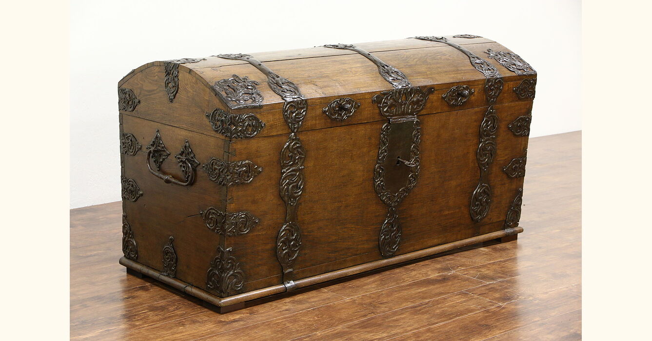 Oak & Wrought Iron 1750 Antique Pirate Trunk, Dowry or Blanket Chest ...