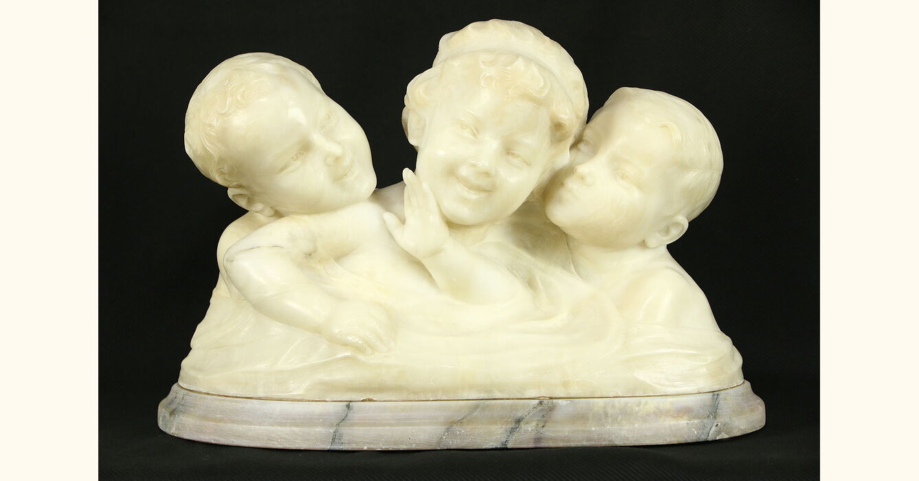 Marble Carved Sculpture of Children, 1890 Antique Statue, Signed Italy