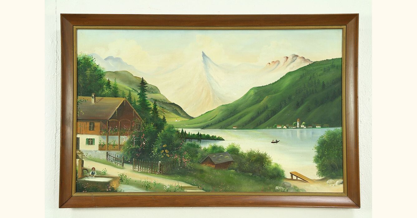 Bavarian Alps Scene With Chalet Vintage Original Oil Painting