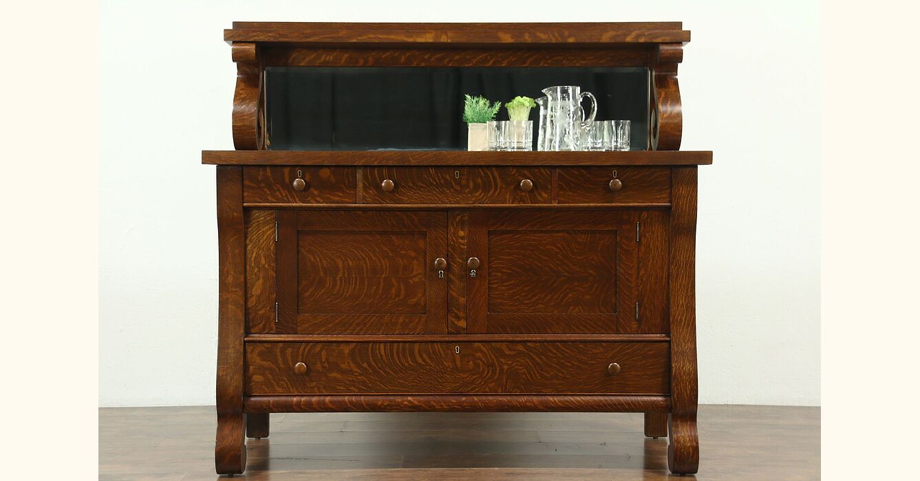 Oak Empire 1900 Antique Sideboard, Server or Buffet, Beveled Mirror