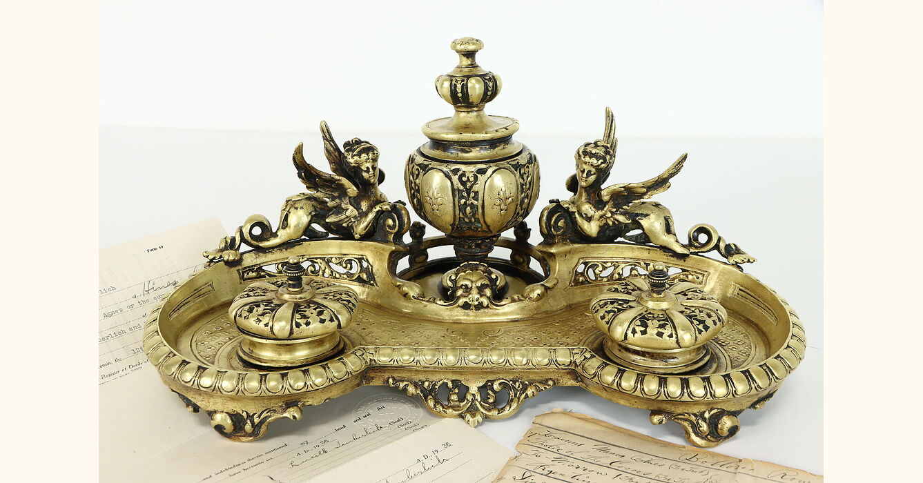 Classical Antique Brass Triple Inkwell with Sphinx Figures