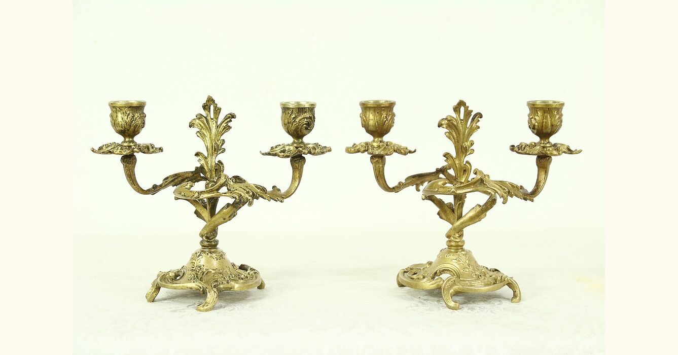 Pair of Antique 1870's Solid Bronze Rococo Candelabra, France