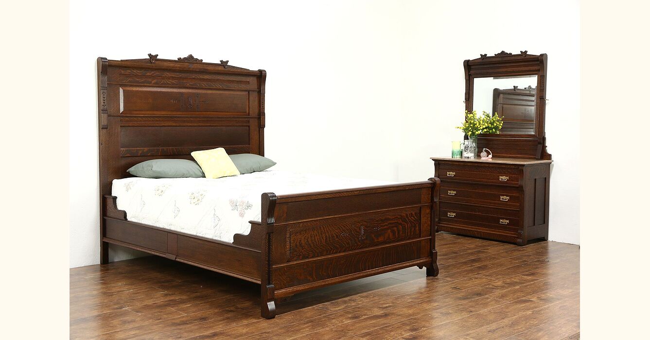 Victorian Eastlake Quarter Sawn Oak 1880 Antique 2 Pc. Queen Size ...