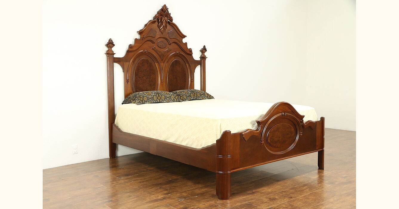 Victorian Antique Carved Walnut & Burl Queen Size Bed