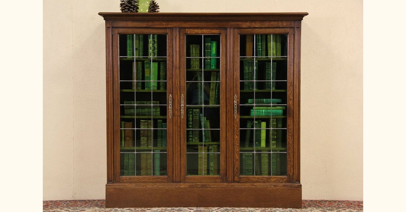 Oak Triple 1910 Bookcase, Leaded Stained Glass Doors