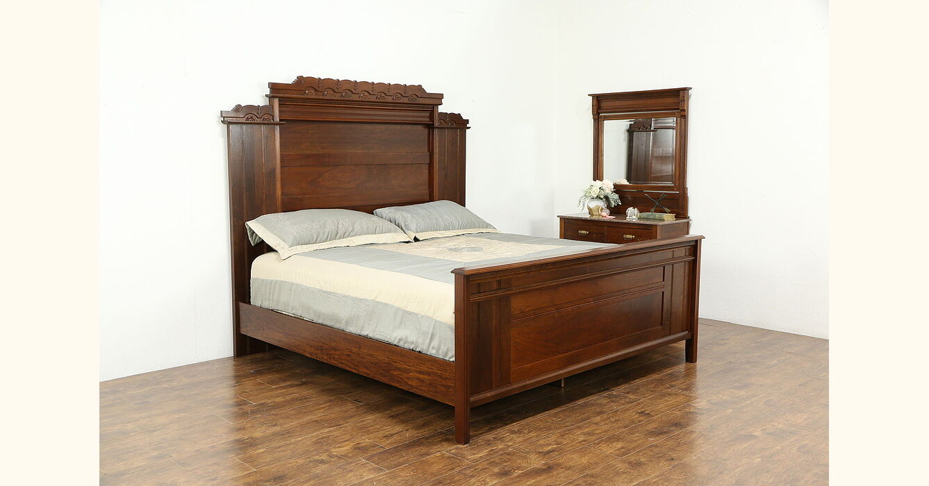 Victorian Eastlake Antique Bedroom Set, King Size Bed, Marble Chest