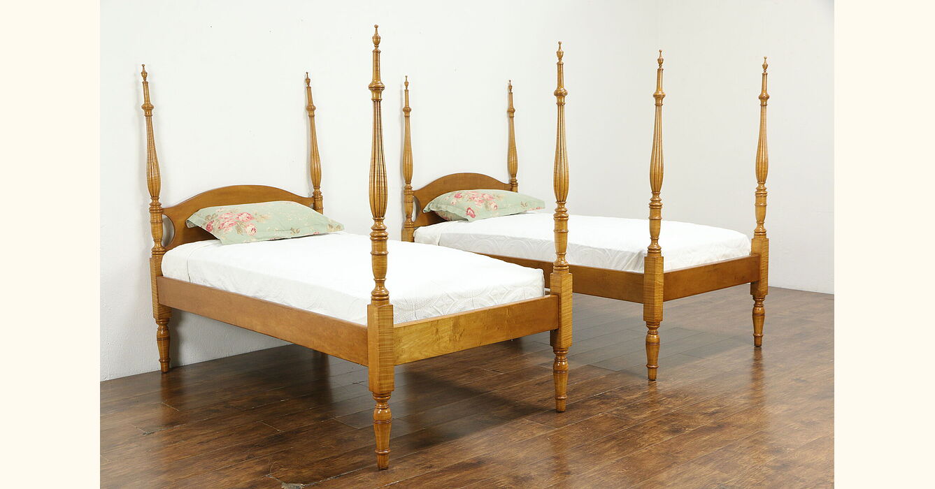 Pair Of Antique Twin Or Single Poster Beds Curly Birdseye Maple