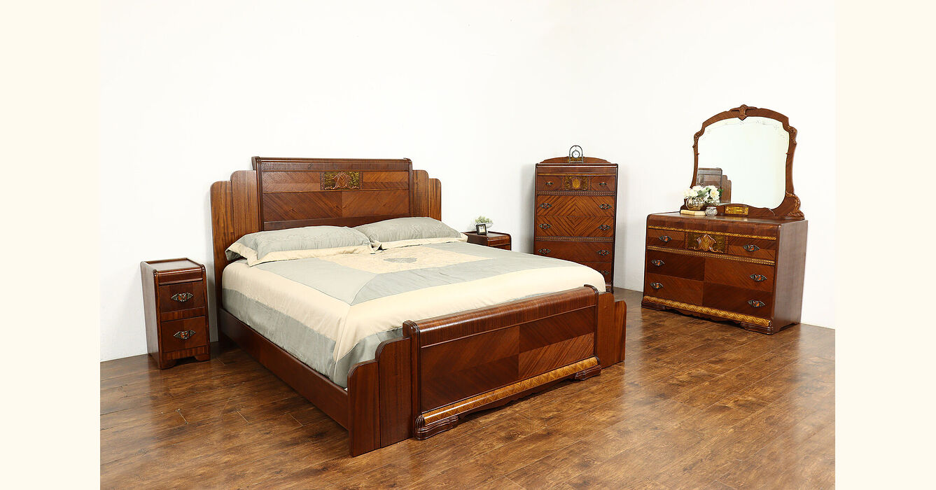 Art Deco Waterfall Design Vintage 5 Pc Bedroom Set King Size Bed   Deco39046set 