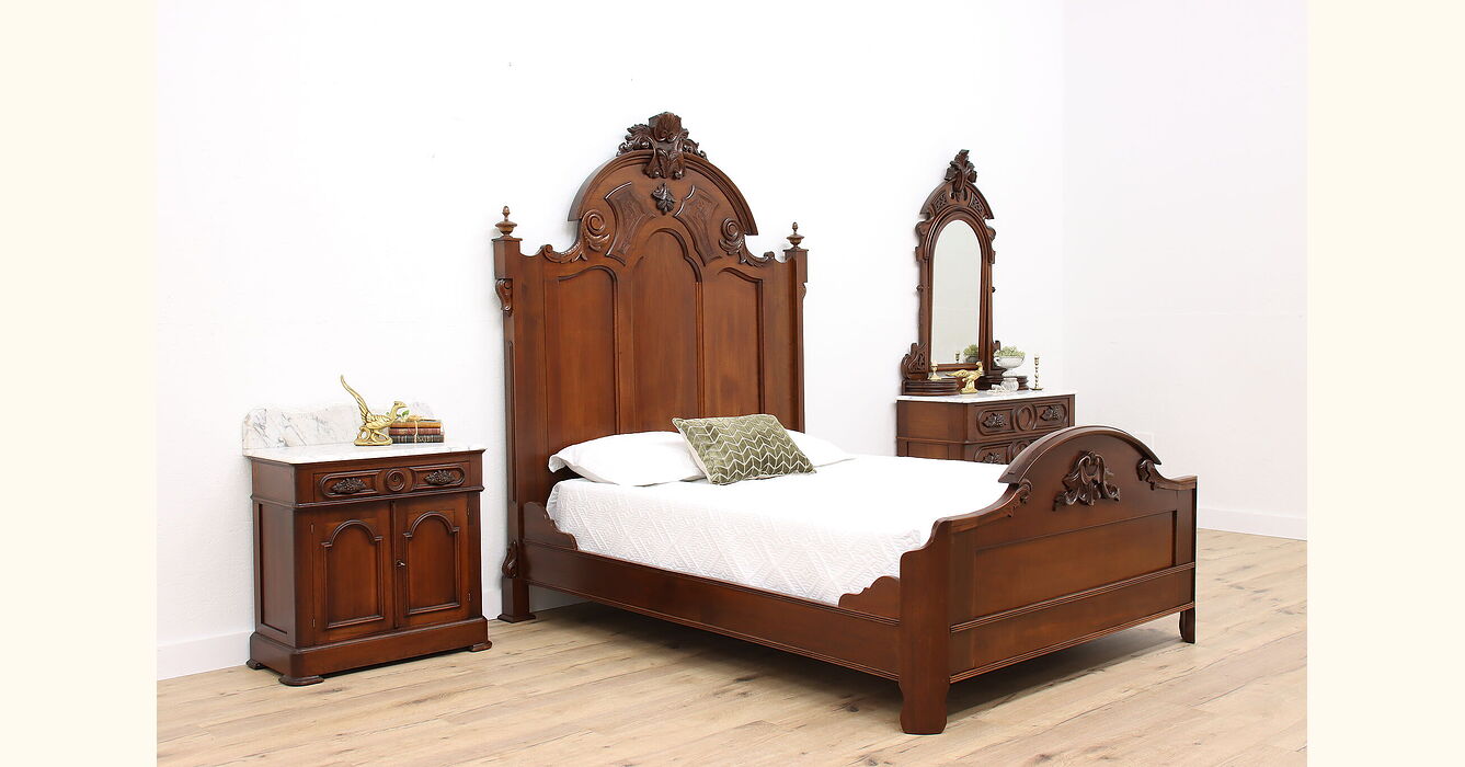 Victorian Antique Carved Walnut & Marble 3 Pc Bedroom Set, Queen Size Bed